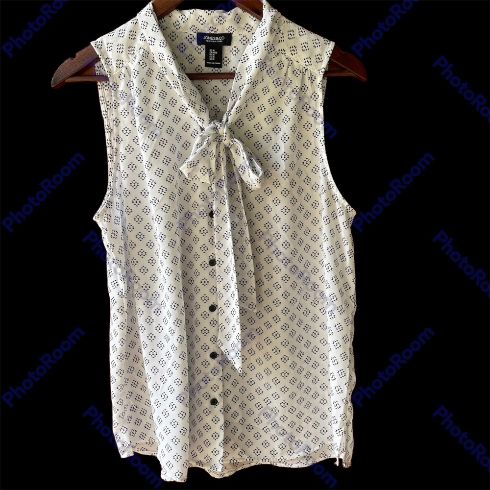 Jones & Co. White With Black Pattern, Sleeveless, Dress Shirt, SZ Med